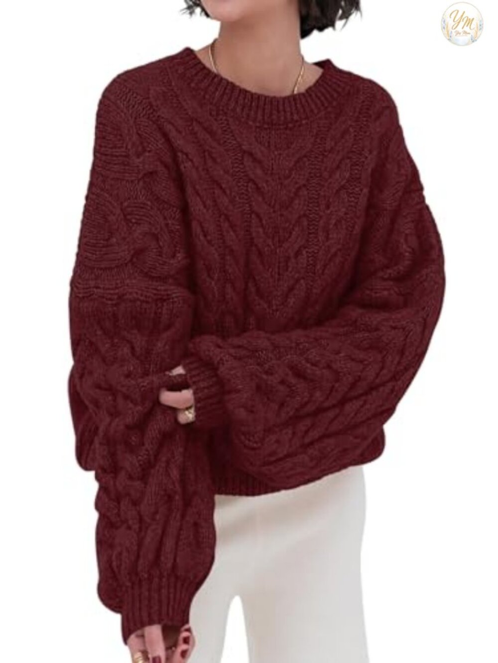 Cable Knit Oversized Crewneck Long Sleeve Pullover Sweater Chunky Loose Fit